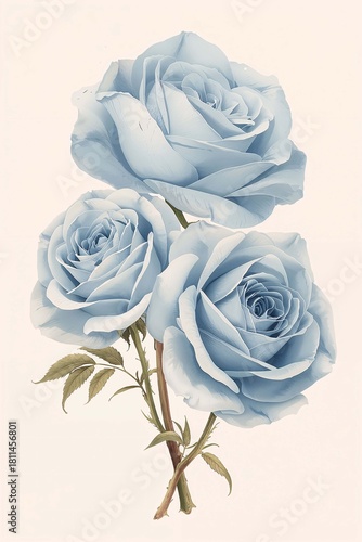 Muted blue roses bloom softly within dreamy vintage inspired botanical illustration style floral botanical art illustration spring season wallpaper background