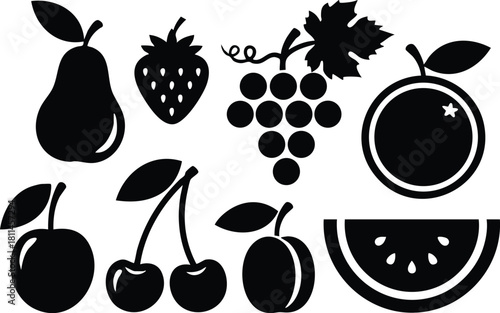 Black silhouette icons of pear strawberry grape orange apple cherry plum watermelon fruit set for design