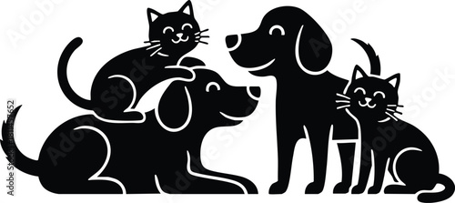 Black silhouette illustration of two dogs and two cats sitting and lying together in friendly pet companionship