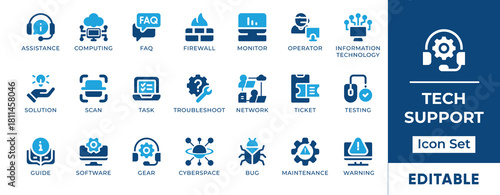 Tech Support and Troubleshooting Icons · Error, Maintenance, Installation, Cloud Computing, FAQ, Solid Flat Icons.