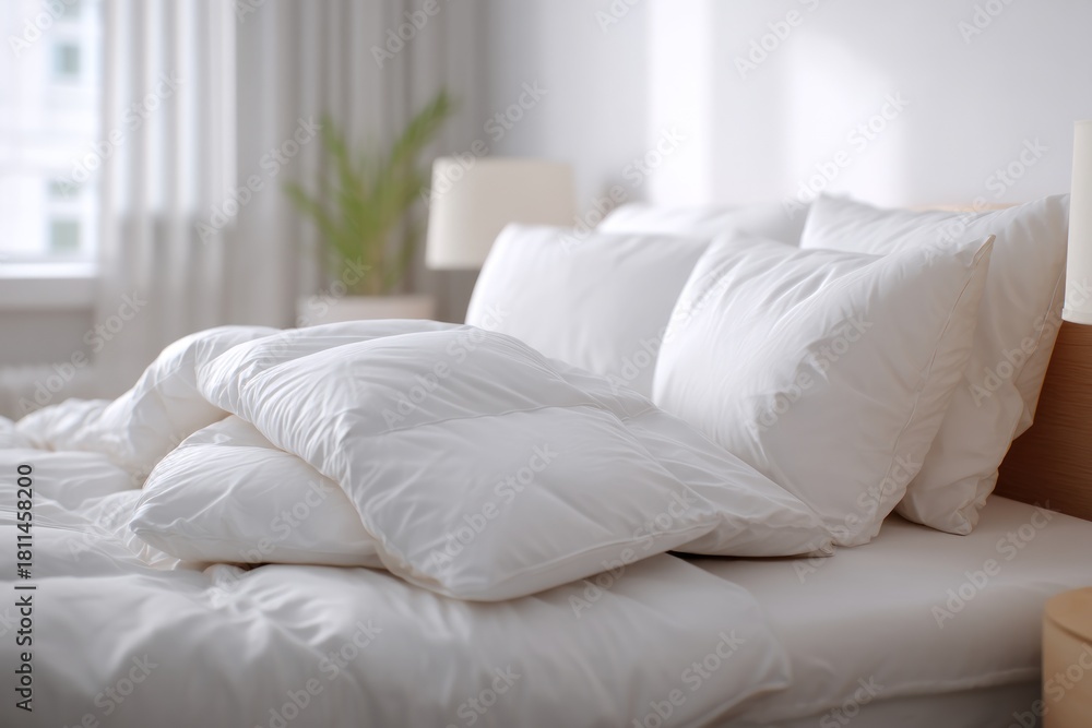 Obraz premium Comfortable bed with white pillows and duvet in bedroom