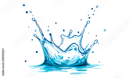 Dynamic Water Splash Close-Up on White Background, water splash, photorealistic splash, liquid splash, dynamic water, water droplets, reflective surface, water texture, transparent blue, png splash, 