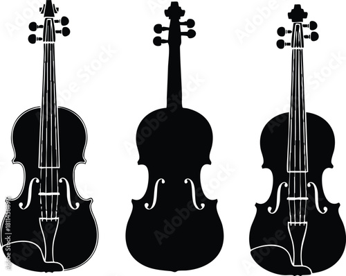 Violin silhouette set with front and back views of classical string instrument design for music illustrations