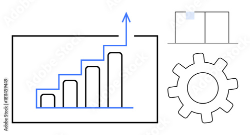 Bar chart with upward arrow next to a gear and grid panel, representing progress, analytics, settings. Ideal for growth, success, productivity, strategy planning data and efficiency themes. Simple