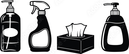 Black and white hygiene and cleaning bottles with tissue box in simple vector style for health and sanitation essentials