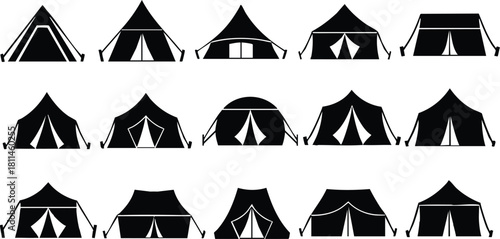 Collection of black camping tent icons in various shapes and sizes simple outdoor shelter symbols