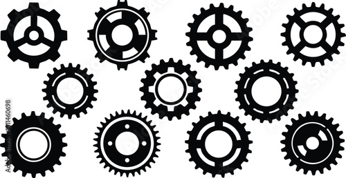 Black mechanical gears and cogs vector set for industrial and technology design elements