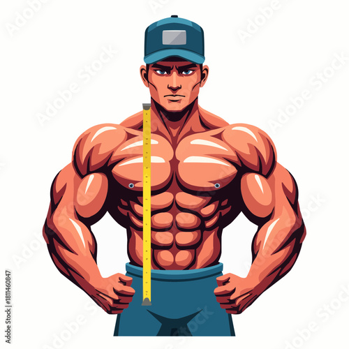 Muscular man measuring his physique with tape measure in studio  