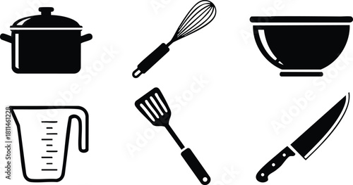 Kitchen utensils set including pot, whisk, bowl, measuring jug, spatula, and knife in black silhouette icons for cooking and baking