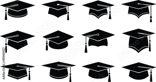 Graduation cap icons set with various styles and tassel positions for education and academic achievement design