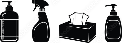 Black silhouette set of hygiene and cleaning products including soap dispenser spray bottle tissue box and lotion pump bottle