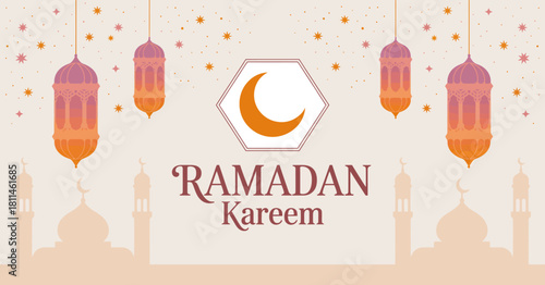 A beautifully designed greeting card for Ramadan Kareem featuring decorative lanterns, crescent moons, and warm colors, expressing joy and spirituality during the holy month.