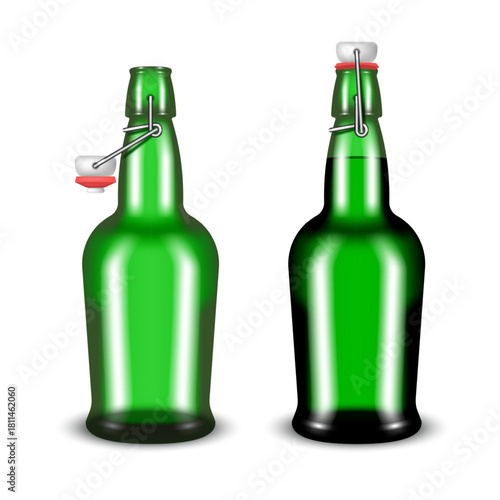 Realistic green glass flip top beer bottle vector 3d mockup set isolated on white, empty and full bottle swing top stopper with and without cap, for craft brewery brand identity presentation.