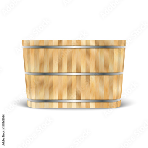 Traditional japanese wooden ofuro bathtub or soaking tub bath realistic 3d vector isolated on white front view, object mockup for spa and wellness.