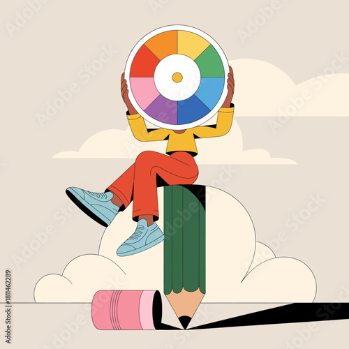 This image depicts a colorful figure joyfully holding a color wheel while sitting on a giant pencil, conveying creativity and artistic expression in a whimsical manner.