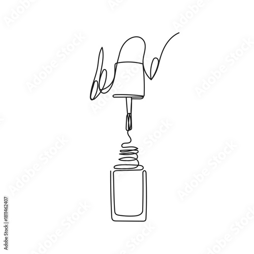 Minimalist one line drawing of nail polish bottle with brush. Vector illustration for beauty, cosmetics, fashion, wellness, manicure, self-care concepts.