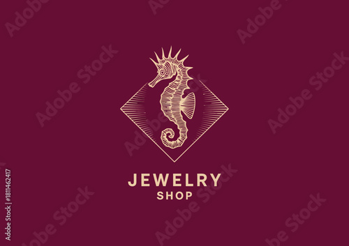 This logo showcases a beautifully designed seahorse, encapsulated within a diamond shape, perfectly representing a jewelry shop's elegance and uniqueness.
