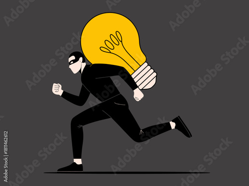 This image features a masked figure running with a light bulb on their back, symbolizing the theft of ideas or knowledge in a creative and stylized manner.