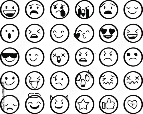Collection of hand drawn emoji faces expressing various emotions. A grid of hand-drawn circular emoji faces, each depicting a different emotion or expression in a simple black and white line art style