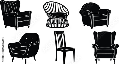 Collection of classic and modern armchairs and chairs silhouettes in black and white vector design