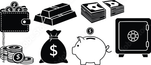 Money and finance icons including wallet with coins, gold bars, cash stacks, coin piles, money bag, piggy bank, and safe digital vector set