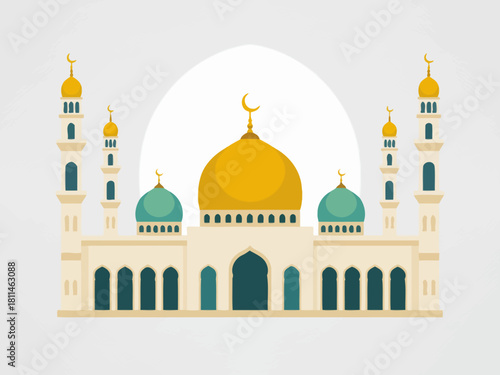 This beautiful illustration depicts a grand mosque with intricate architecture, showcasing the spiritual and cultural significance of such monuments in a stunning visual representation.