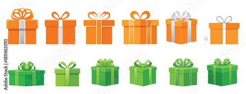 indian colour gift box: Set of 12 orange and green gift boxes with various ribbons and bows