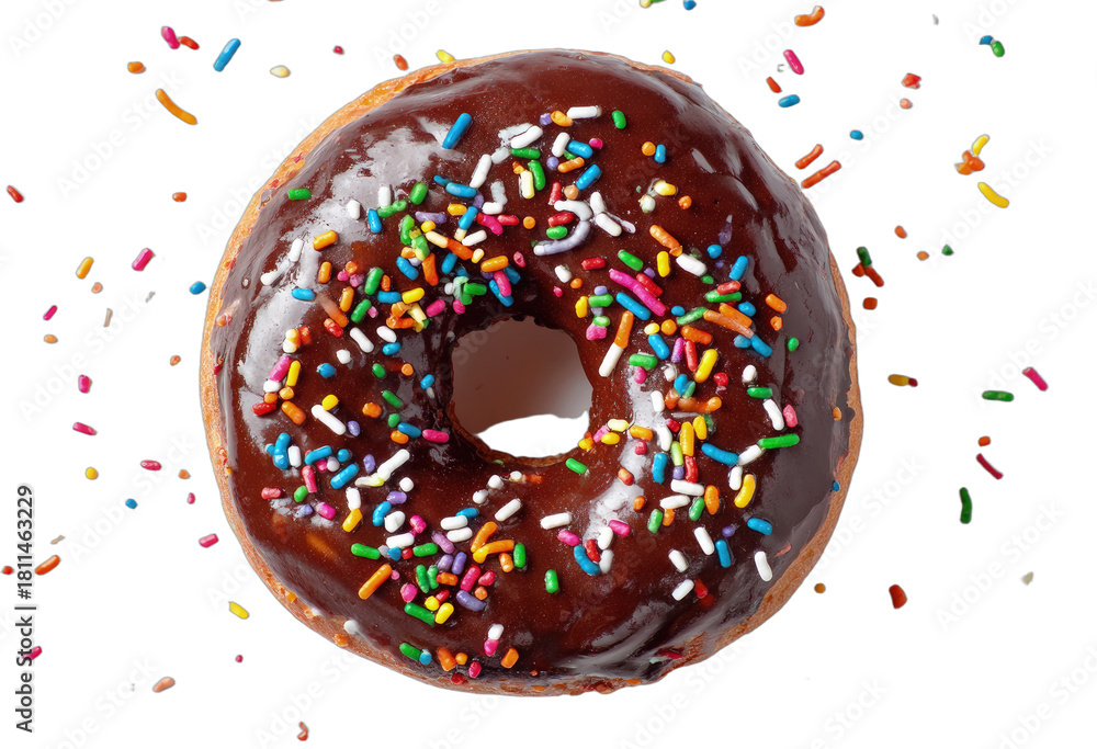 © Chris - Top-down view of a single chocolate glazed donut with vibrant sprinkles on black