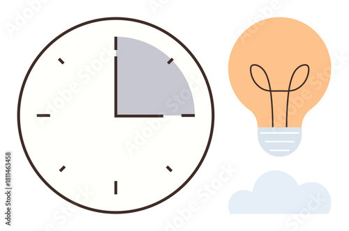 Clock with marked time segment, glowing bulb, and cloud suggesting productivity, innovation, and planning. Ideal for time tracking, brainstorming, creativity, deadlines workflows business strategy