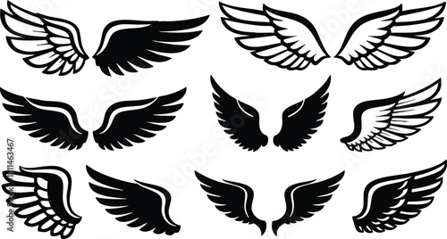 Collection of black and white stylized wing illustrations in various shapes and designs for creative projects and tattoo art