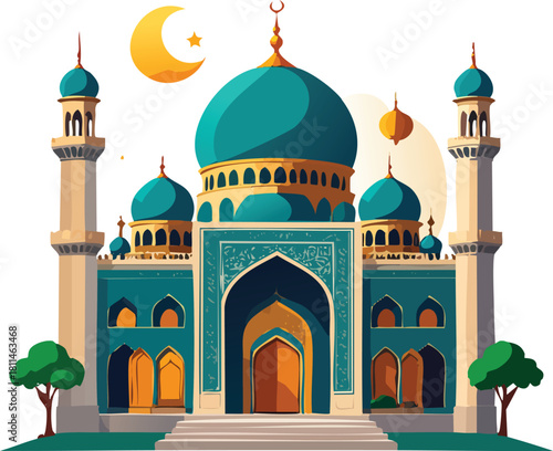 Stylized mosque with turquoise domes and tall minarets, set against a warm sky with lanterns and crescent moon. A rich blend of Islamic culture and spiritual elegance.