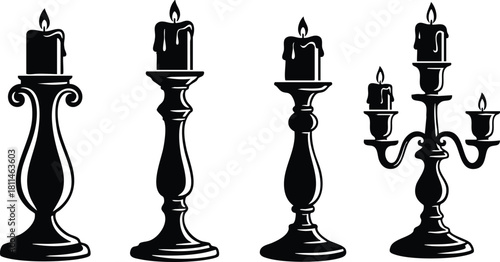 Black silhouette candles on ornate candlesticks with flames in vintage style illustration