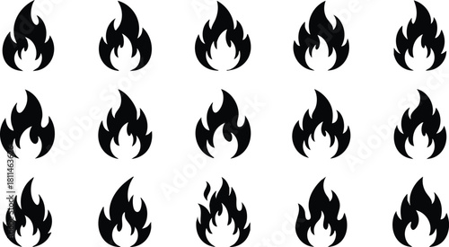 Black flame icons set in simple design style for digital and print projects