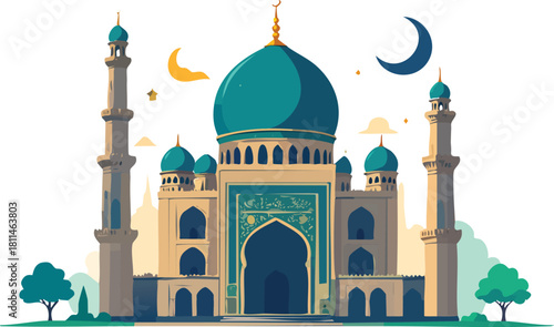 Stylized mosque with teal dome and four minarets, surrounded by trees and clouds. Crescent moon and stars suggest a serene Islamic night scene.