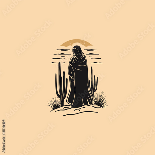 vector illustration featuring the silhouette of a mysterious figure such as a nomad completely shrouded in flowing cloth, standing alone in a barren desert landscape