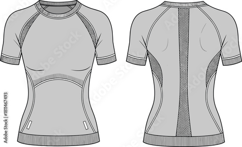 Women's athletic compression top technical fashion illustration, raglan sleeves, mesh panels, front and back views, vector template for sportswear design manufacturing