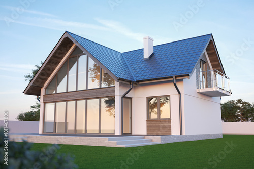 Modern Family House Exterior with Large Windows, 3d illustration