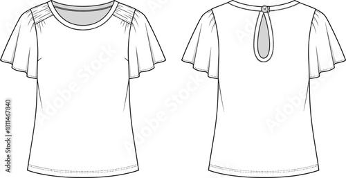 Women's flutter sleeve blouse technical fashion illustration, shoulder gathering, keyhole back detail, front and back view, vector template for apparel design manufacturing