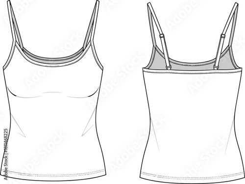 Women's classic camisole technical fashion illustration, adjustable spaghetti straps, front and back views, vector template for apparel design, clothing manufacturing technical flat sketch