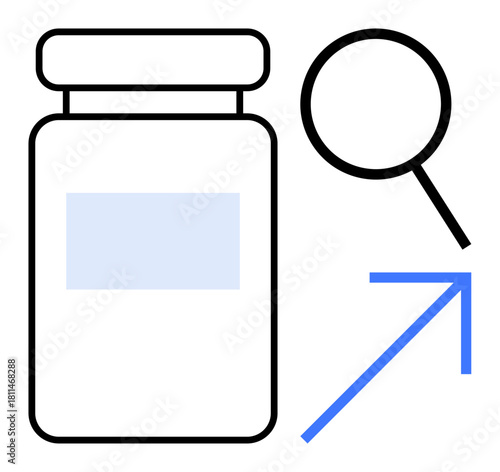 Medicine jar with focus magnifying glass and blue upward arrow pointing to progress and growth. Ideal for healthcare, medical research, pharmaceutical innovation, progress, product analysis, growth