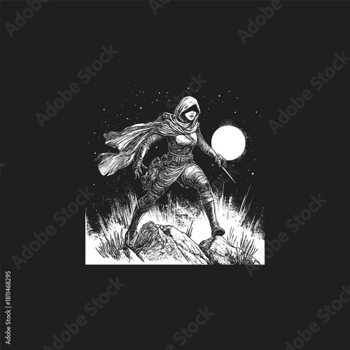 vector illustration depicting a female rogue, assassin, or fantasy traveler in action, moving stealthily under a bright full moon and starry night sky