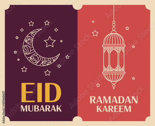 A split illustration celebrating Eid Mubarak and Ramadan Kareem with cultural symbols including a crescent moon and lantern, emphasizing spirituality and togetherness in community.