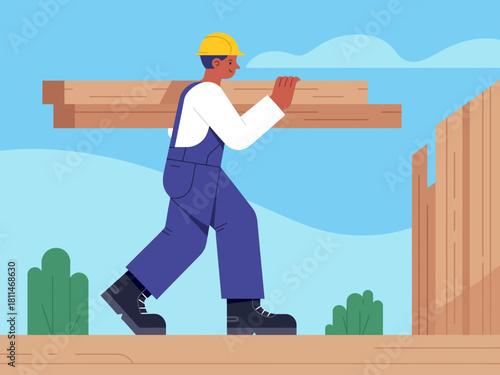 A construction worker in a helmet skillfully carrying wooden planks on a sunny day, symbolizing hard work, diligence, and commitment to building and creating structures.