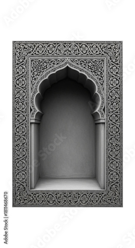 BW Indian architectural niche with carvings. cutout on transparent background