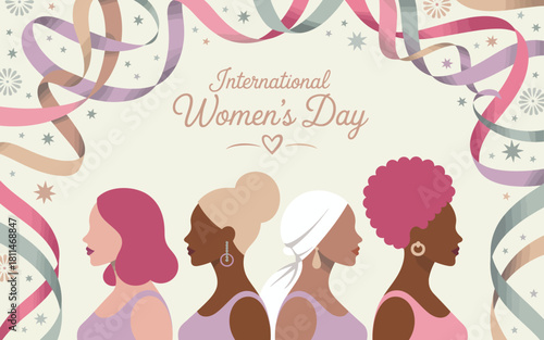 A vibrant illustration depicting four diverse women in profile, showcasing unity and strength while celebrating International Women's Day with subtle ribbons and decorative elements.