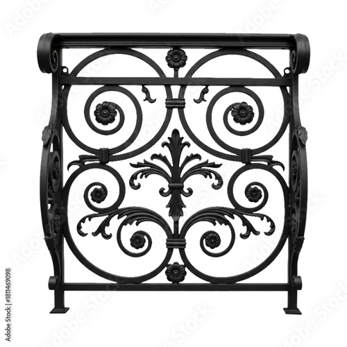 Ornate dark wrought iron railing section. cutout on transparent background