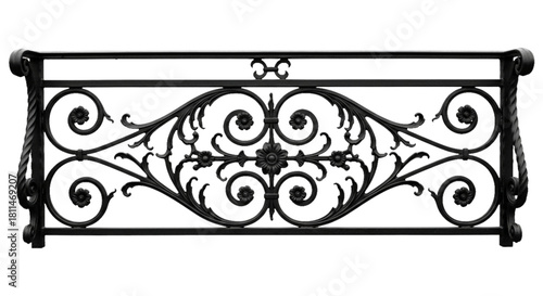 Decorative wrought iron balcony railing fragment, black. cutout on transparent background