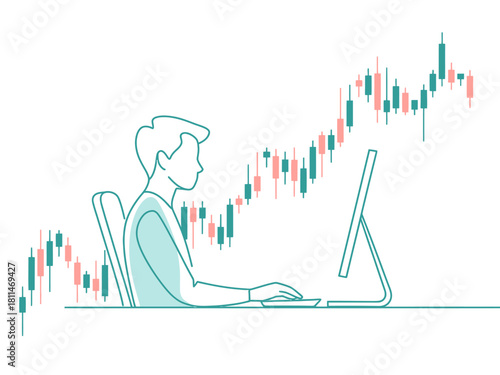 A focused professional trader sitting at a desk, analyzing stock market trends on a computer. The rising charts in the background emphasize financial growth and strategy.