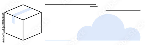 Transparent 3D cube next to abstract cloud shape with floating lines and bars. Ideal for storage, technology, data transfer, cloud computing, innovation, simplicity, and business. Clean flat