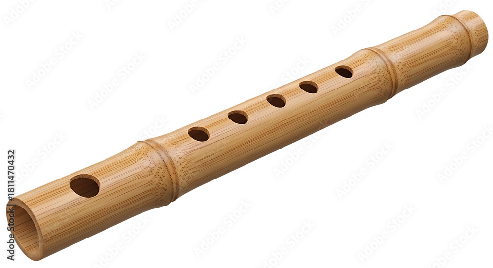 Fototapeta premium A light brown bamboo flute with finger holes displayed against a black background in a studio shot